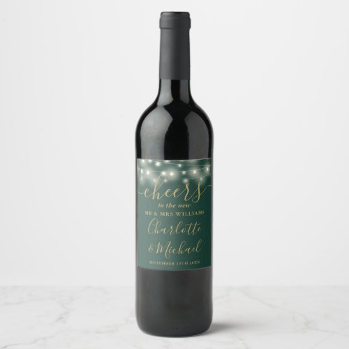 Cheers To Mr And Mrs Lights Green And Gold Wedding Wine Label