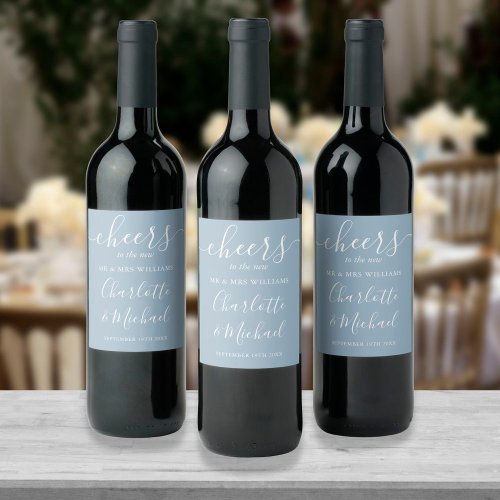 Cheers To Mr And Mrs Script Dusty Blue Wedding Wine Label