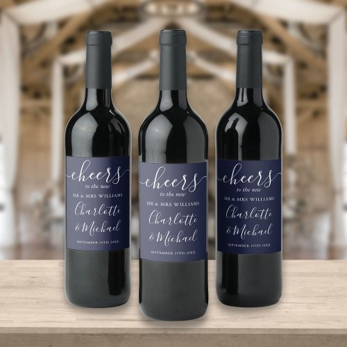 Cheers To Mr And Mrs Script Navy Blue Wedding Wine Label