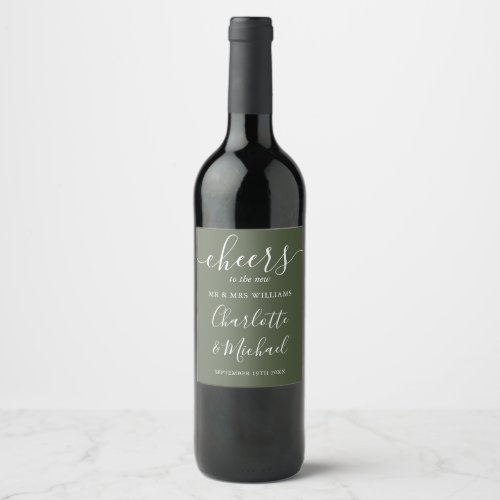 Cheers To Mr And Mrs Script Olive Green Wedding Wine Label