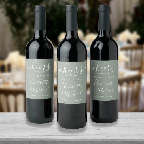 Cheers To Mr And Mrs Script Sage Green Wedding Wine Label