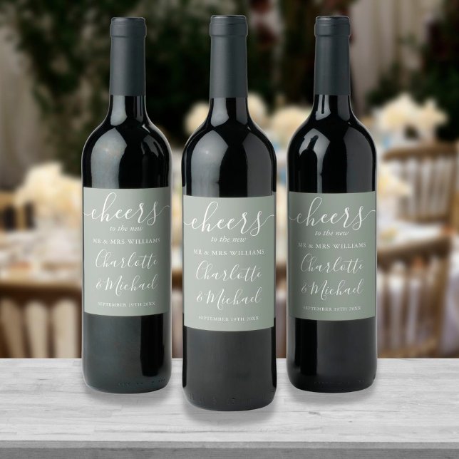 Cheers To Mr And Mrs Script Sage Green Wedding Wine Label (Creator Uploaded)