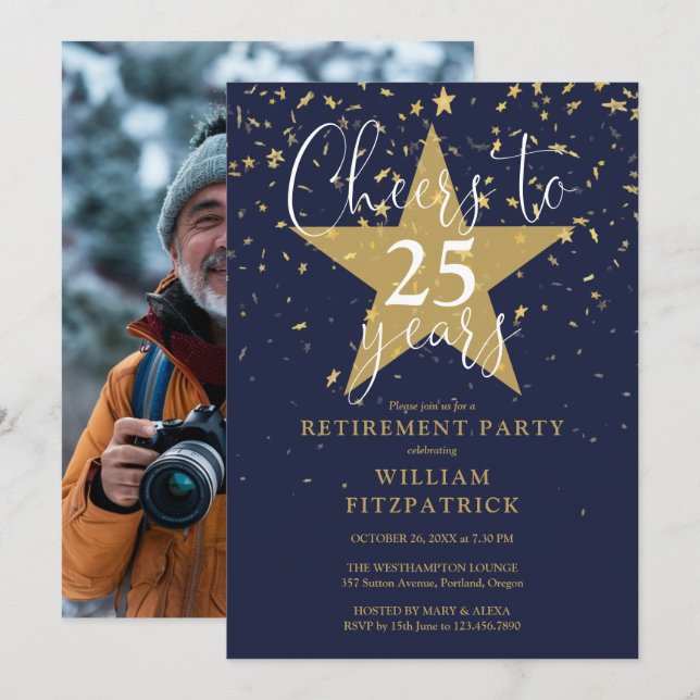 Cheers To Navy And Gold Photo Retirement Party Invitation (Front/Back)