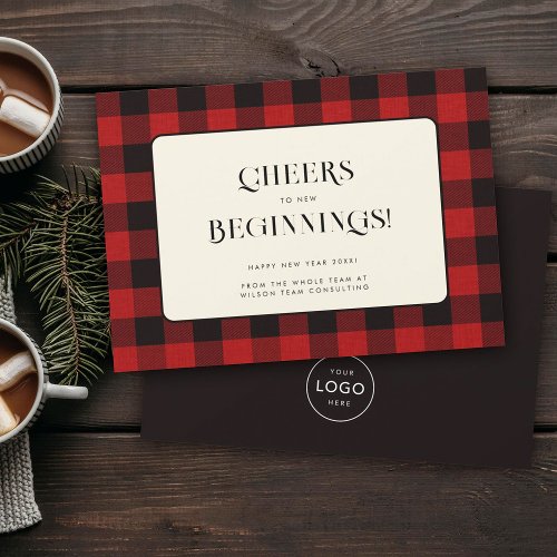 Cheers to New Beginnings Modern Plaid Business Holiday Card