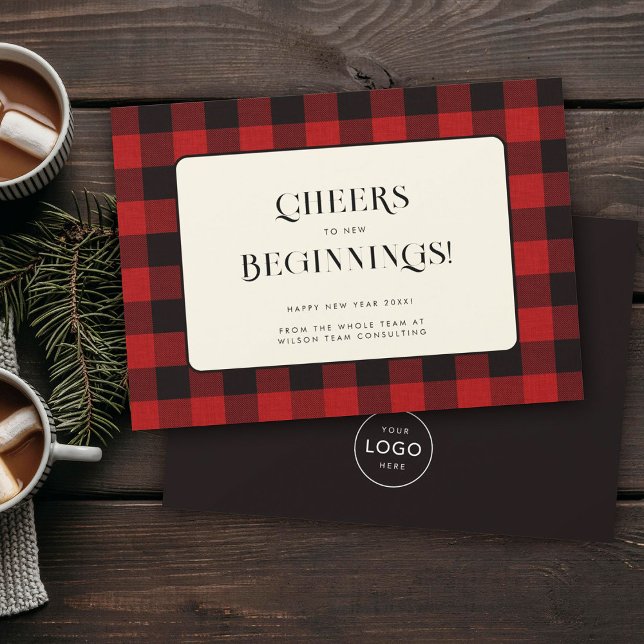 Cheers to New Beginnings Modern Plaid Business Holiday Card (Creator Uploaded)