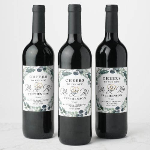Cheers to New Mr and Mrs Greenery Wedding Wine Label