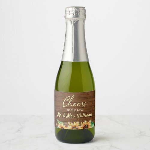 Cheers to new Mr and Mrs Sunflower Wedding Mini Sparkling Wine Label