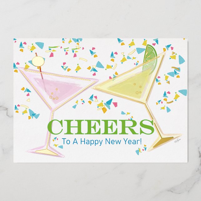 Cheers to New Year Foil Accented Cocktails Photo Foil Holiday Card (Front)