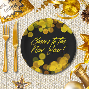 Cheers to New Year Golden Bokeh Lights Paper Plates
