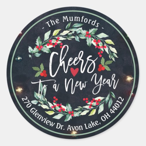 Cheers to New Year Merry Christmas Floral Address Classic Round Sticker