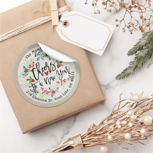 Cheers to New Year Merry Christmas Floral Address Classic Round Sticker