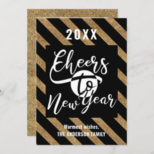 Cheers To New Year Modern Script Gold Black Photo Holiday Card