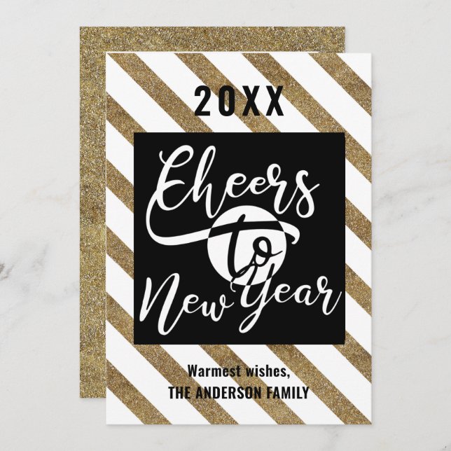 Cheers To New Year Modern Script Gold Black Photo Holiday Card (Front/Back)