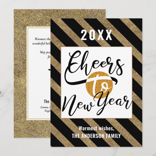 Cheers To New Year Modern Script Gold Black Stripe Holiday Card (Front/Back)