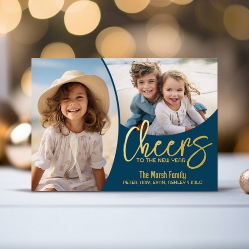 Cheers to New Year Moody Blue _ Photo _ Botanical Foil Holiday Card