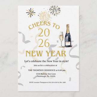 Cheers to New Year Party Gold Invitation