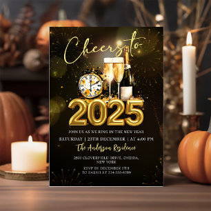 Cheers to New Year's Party 2025 Gold Champagne Invitation