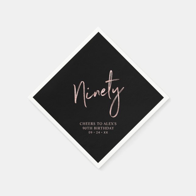 Cheers to Ninety Rose Gold & Black 90th Birthday Napkins (Corner)