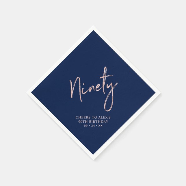 Cheers to Ninety Rose Gold & Navy 90th Birthday Napkins (Corner)