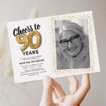 Cheers to Ninety Years 90th Birthday Photo Invitation<br><div class="desc">Elegant ninetieth birthday party invitations featuring a simple white background that can be changed to any color,  a photo of the birthday girl / boy,  gold sparkly glitter,  ninety gold hellium balloons,  and a modern 90th birthday celebration text template that is easy to personalize.</div>