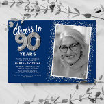 Cheers to Ninety Years 90th Birthday Photo Invitation<br><div class="desc">Celebrate the grand milestone of turning ninety with our elegant birthday party invitations. With a customizable trendy blue background, a personal photo spot, and silver accents, these invitations are sure to leave a lasting impression. The silver helium balloon details add a touch of magic, while the modern 90th birthday text...</div>
