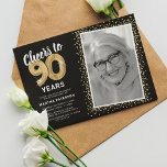 Cheers to Ninety Years 90th Birthday Photo Invitation<br><div class="desc">Celebrate the grand milestone of turning ninety with our elegant birthday party invitations. With a customizable trendy black background, a personal photo spot, and golden accents, these invitations are sure to leave a lasting impression. The gold helium balloon details add a touch of magic, while the modern 90th birthday text...</div>