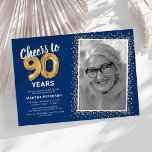 Cheers to Ninety Years 90th Birthday Photo Invitation<br><div class="desc">Celebrate the grand milestone of turning ninety with our elegant birthday party invitations. With a customizable trendy blue background, a personal photo spot, and golden accents, these invitations are sure to leave a lasting impression. The gold helium balloon details add a touch of magic, while the modern 90th birthday text...</div>