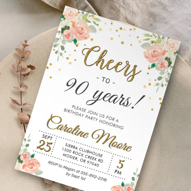 Cheers to Ninety Years Ladies 90th Birthday Party Invitation | Zazzle