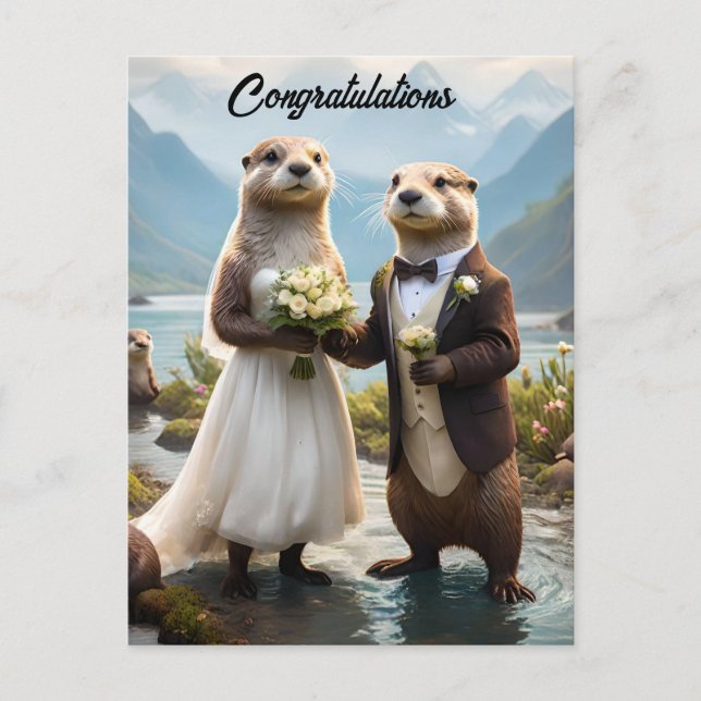 Cheers To Otters On Their Wedding Day, Wedding Postcard (Front)
