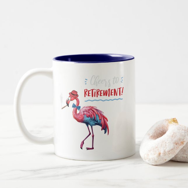 Cheers to Retirement Dapper Flamingo Bowtie Cigar Two-Tone Coffee Mug (With Donut)