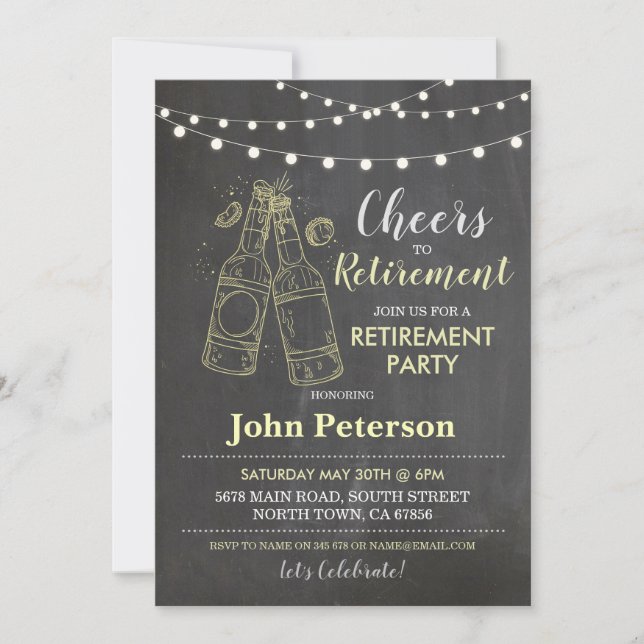 Cheers to Retirement Party Chalk Lights Beers Invitation (Front)
