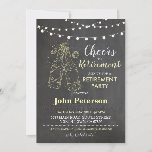 Cheers to Retirement Party Chalk Lights Beers Invitation