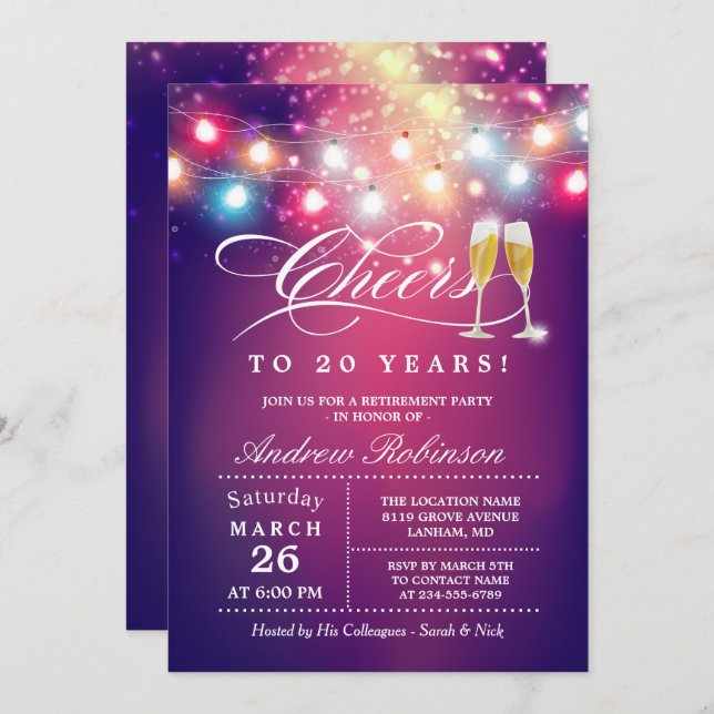 Cheers To Retirement Party Champagne String Lights Invitation (Front/Back)