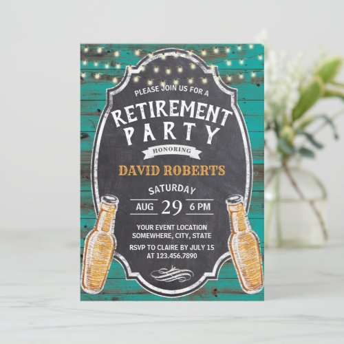 Cheers to Retirement Rustic Teal Barn Beer Party  Invitation