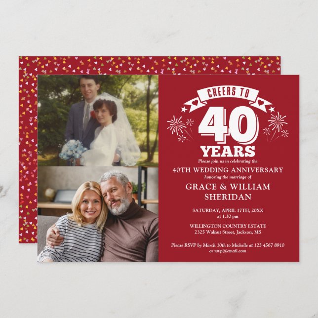 Cheers To Ruby 40th Wedding Anniversary 2 Photo Invitation (Front/Back)