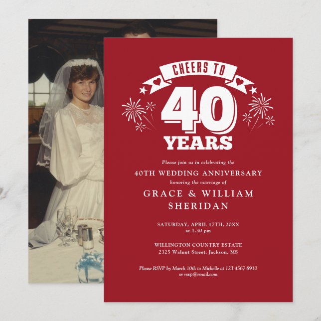 Cheers To Ruby 40th Wedding Anniversary Photo Invitation (Front/Back)