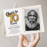 Cheers to Seventy Years 70th Birthday Photo Invitation<br><div class="desc">Elegant seventieth birthday party invitations featuring a simple white background that can be changed to any color,  a photo of the birthday girl / boy,  gold sparkly glitter,  seventy gold hellium balloons,  and a modern 70th birthday celebration text template that is easy to personalize.</div>