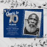 Cheers to Seventy Years 70th Birthday Photo Invitation<br><div class="desc">Elegant seventieth birthday party invitation featuring a stylish blue background that can be changed to any color,  a photo of the birthday girl / boy,  silver sparkly glitter,  seventy silver hellium balloons,  and a modern 70th birthday celebration text template that is easy to personalize.</div>