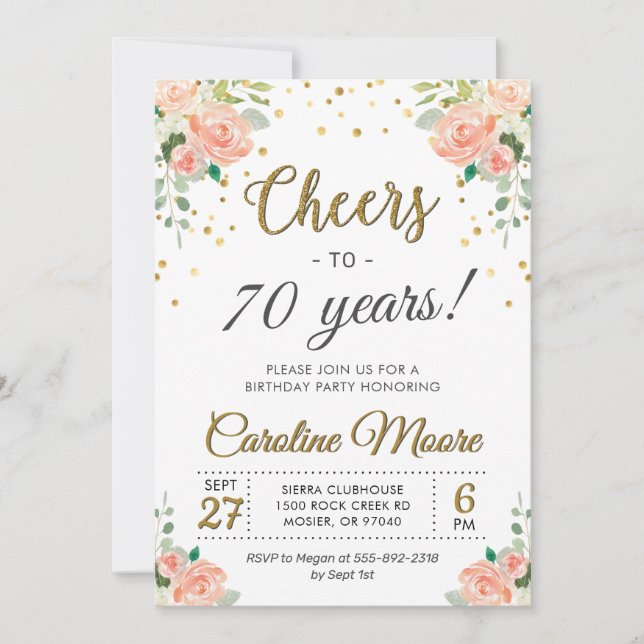 Cheers to Seventy Years Ladies 70th Birthday Party Invitation (Front)