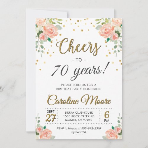 Cheers to Seventy Years Ladies 70th Birthday Party Invitation
