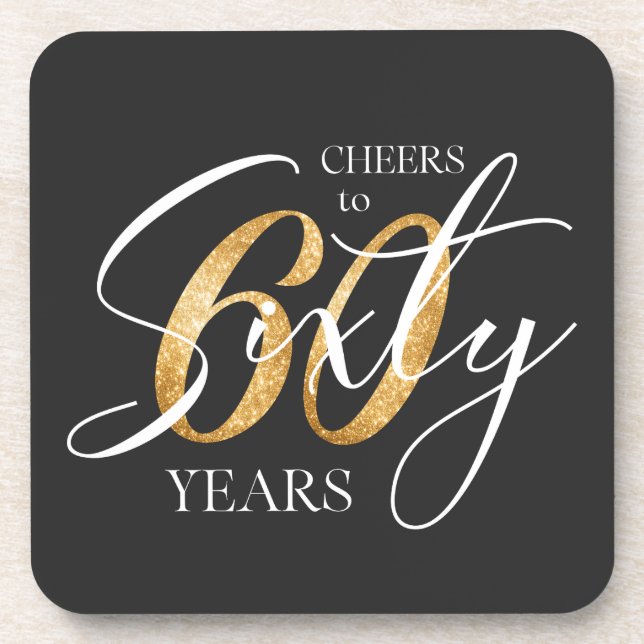 Cheers to Sixty | 60th Black Gold Glitter Birthday Beverage Coaster (Front)