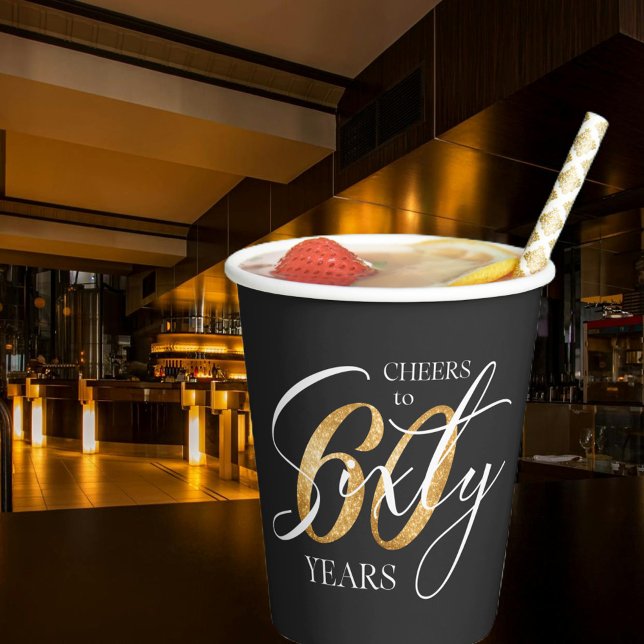 Cheers to Sixty | 60th Black Gold Glitter Birthday Paper Cups (Creator Uploaded)