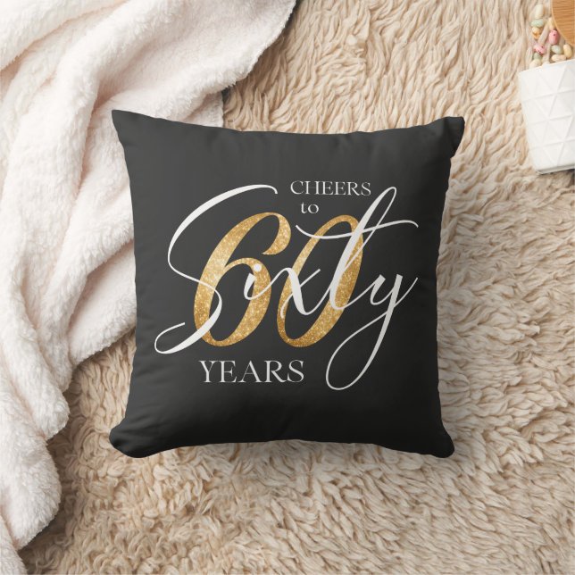 Cheers to Sixty | 60th Black Gold Glitter Birthday Throw Pillow (Blanket)