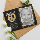 Cheers to Sixty Years 60th Birthday Photo Invitation<br><div class="desc">Elegant sixtieth birthday party invitation featuring a stylish black background that can be changed to any color,  a photo of the birthday girl / boy,  gold sparkly glitter,  sixty gold hellium balloons,  and a modern 60th birthday celebration text template that is easy to personalize.</div>