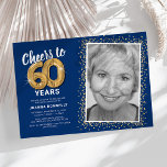 Cheers to Sixty Years 60th Birthday Photo Invitation<br><div class="desc">Elegant sixtieth birthday party invitation featuring a trendy blue background that can be changed to any color,  a photo of the birthday girl / boy,  gold sparkly glitter,  sixty gold hellium balloons,  and a modern 60th birthday celebration text template that is easy to personalize.</div>