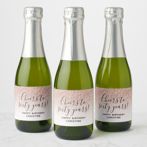 Cheers to Sixty Years Pink Glitter 60th Birthday Sparkling Wine Label