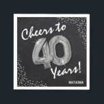 Cheers to the 40 Years! 40th Birthday Napkins<br><div class="desc">Black and silver 'Cheers to 40 Years" Birthday Party Napkins! Design features a rustic black chalkboard with a faux silver helum forty balloon,  faux silver confetti and name.</div>
