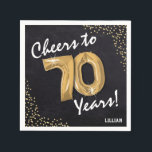 Cheers to the 70 Years! 70th Birthday Napkins<br><div class="desc">Black and gold 'Cheers to 70 Years" Birthday Party Napkins! Design features a rustic black chalkboard with a faux gold helum seventy balloon,  faux gold confetti and name.</div>