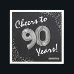 Cheers to the 90 Years! 90th Birthday Napkins<br><div class="desc">Black and gold 'Cheers to 90 Years" Birthday Party Napkins! Design features a rustic black chalkboard with a faux silver helum ninety balloon,  faux silver confetti and name.</div>