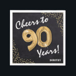 Cheers to the 90 Years! 90th Birthday Napkins<br><div class="desc">Black and gold 'Cheers to 90 Years" Birthday Party Napkins! Design features a rustic black chalkboard with a faux gold helum ninety balloon,  faux gold confetti and name.</div>